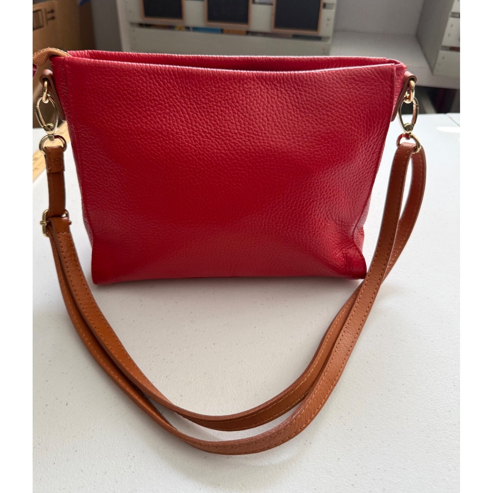 Valentina Red Pebbled Leather Crossbody Bag Gold Hardware Italian Made Handbag - Picture 7 of 13
